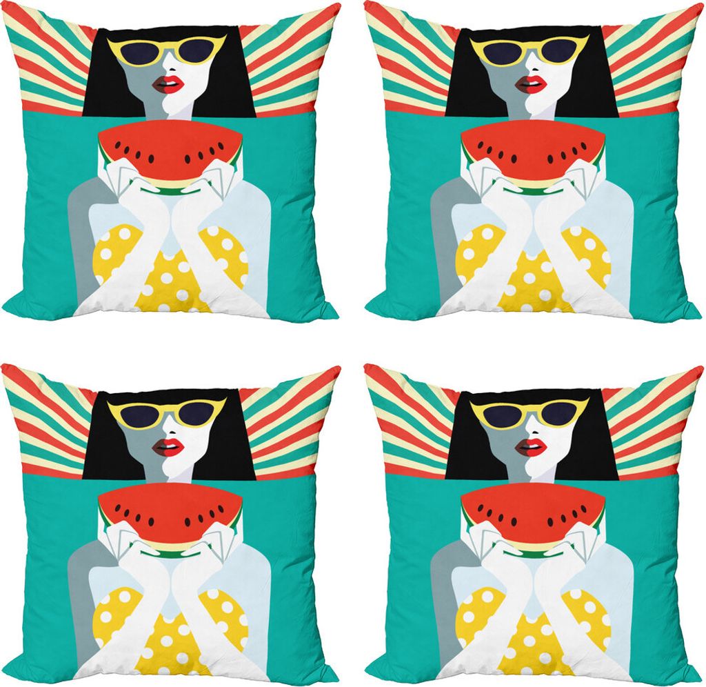 ABAKUHAUS Weinlese-Frau Kissenbezug Set (4 Stück), Pop-Art auf Urlaub, Moderner Doppelseitiger Digitaldruck, 60 cm x 60 cm, Mehrfarbig