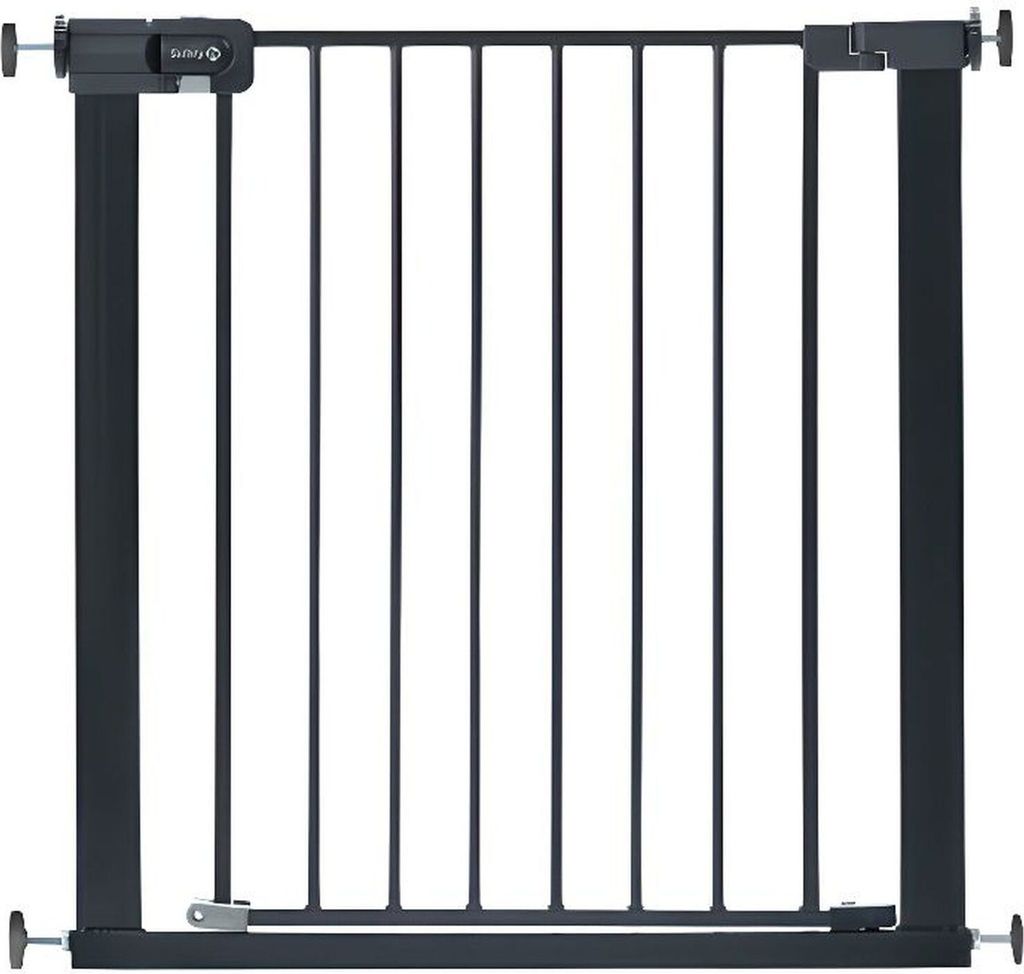 A black metal safety gate with vertical bars and a locking mechanism on the left side.