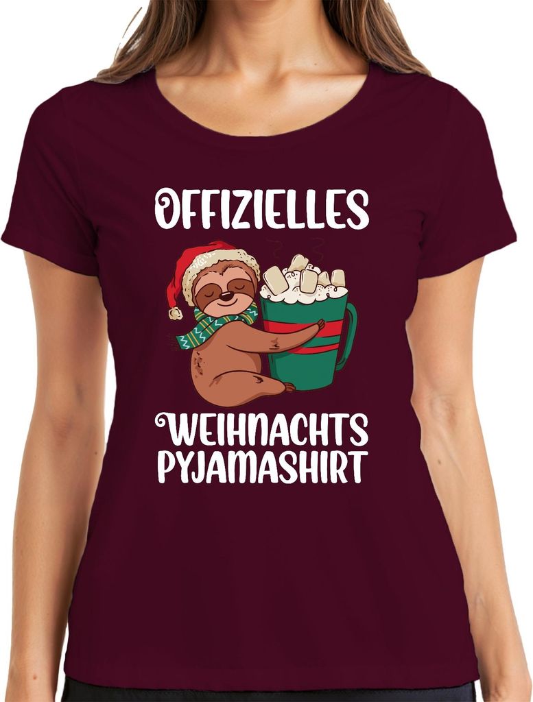 Offizielles Weihnachts-Pyjama Faultier - Weihnachten Weihnachtsgeschenk Christmas Damen T-Shirt, Burgundy, L