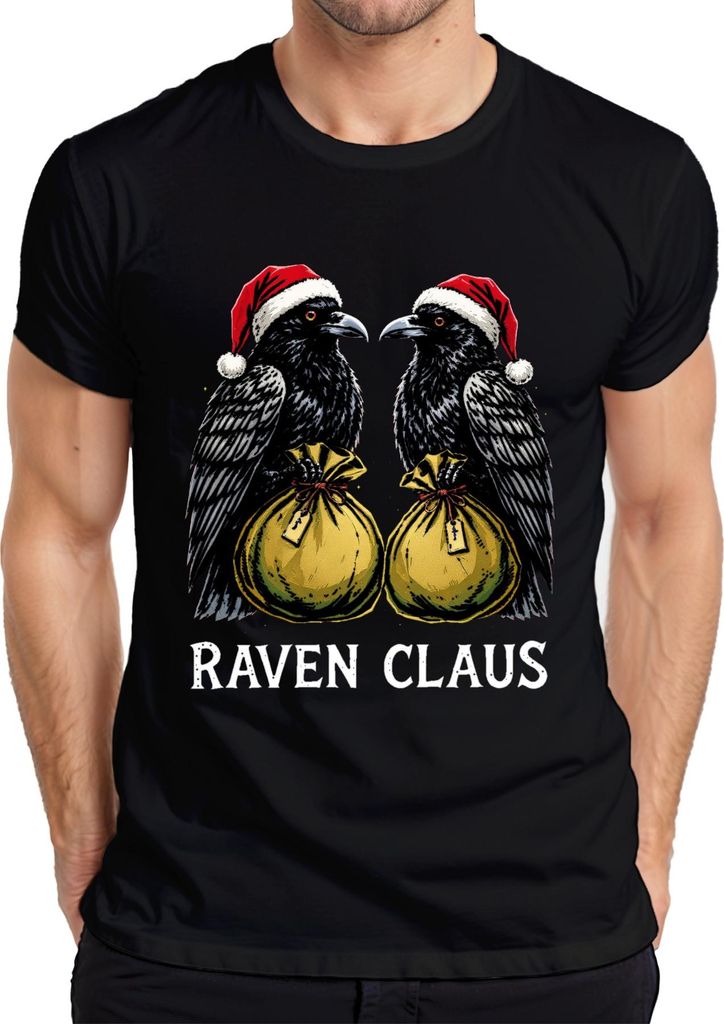 Raven Claus Raben Weihnachten Santa Hat Geschenke Gothic Herren T-Shirt, Schwarz, XXL