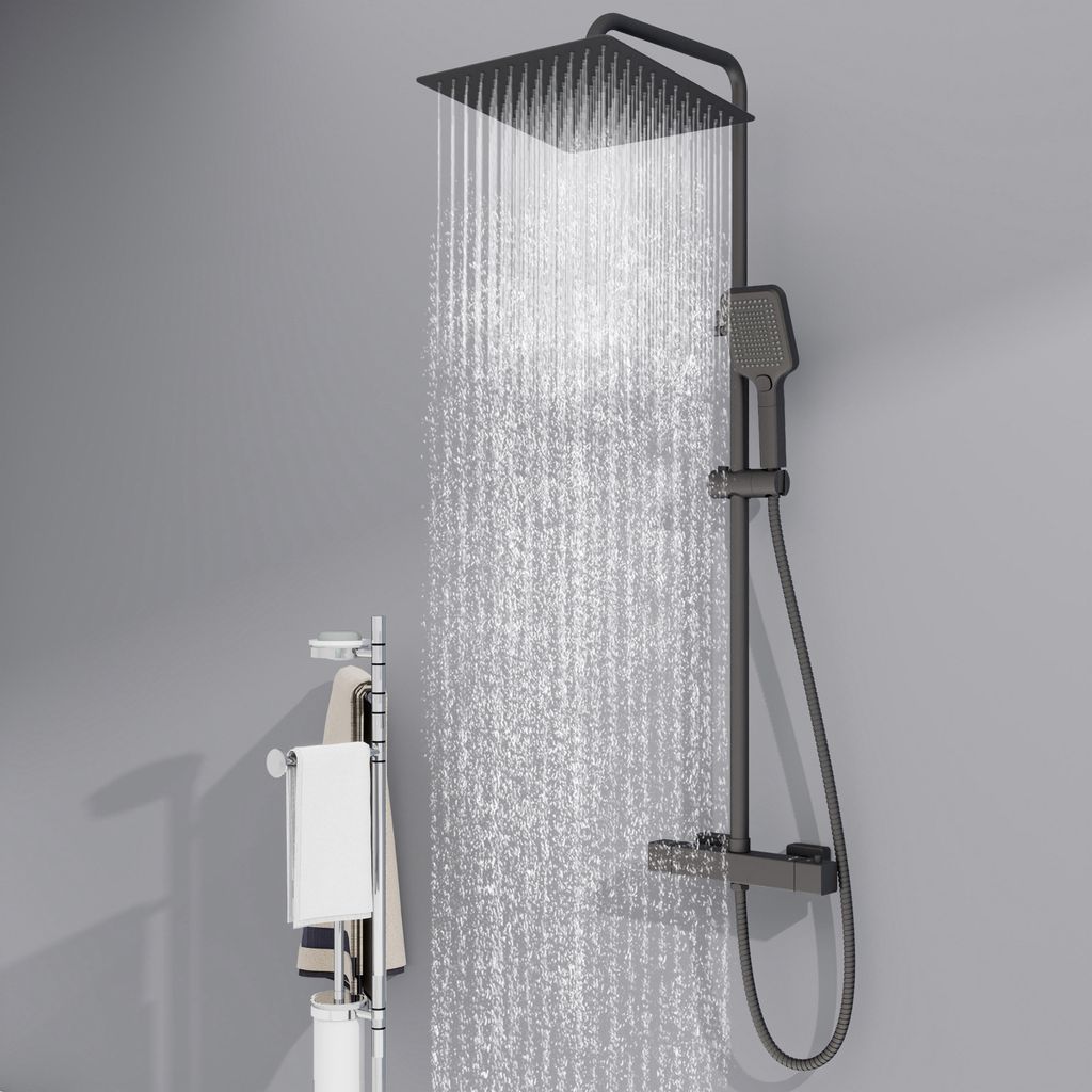 Duschsystem Thermostat 38°C Schwarz mit 12 Zoll Regendusche, 3-Funktionen-Handbrause, Edelstahl-Duschstange - Duschset Komplett