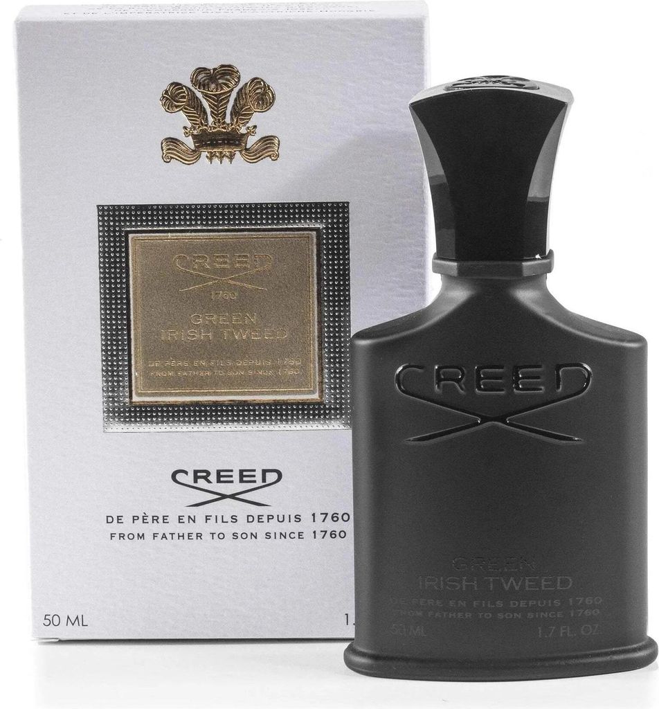 A bottle of Creed Green Irish Tweed Eau de Parfum and its packaging are displayed against a white background.