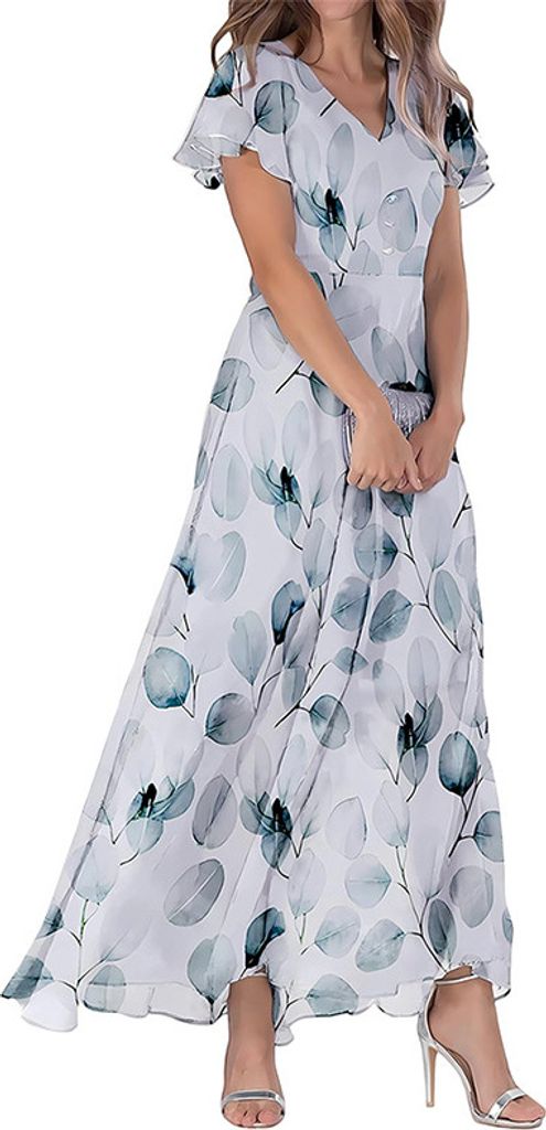 ASKSA Damen Sommerkleid Blumendruck Lang Ruesche Kurzarm V Ausschnitt Strandkleider Boho Beach Midikleid Freizeitkleid (Grau,XXL)