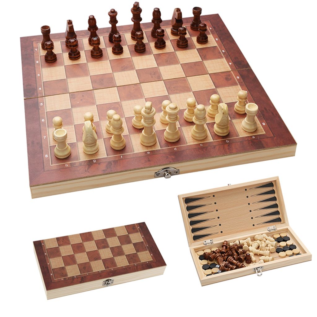 3 in1 Schachspiel Schach Schachbrett Holz Klappbar Chess Board Set für Kinder DE 