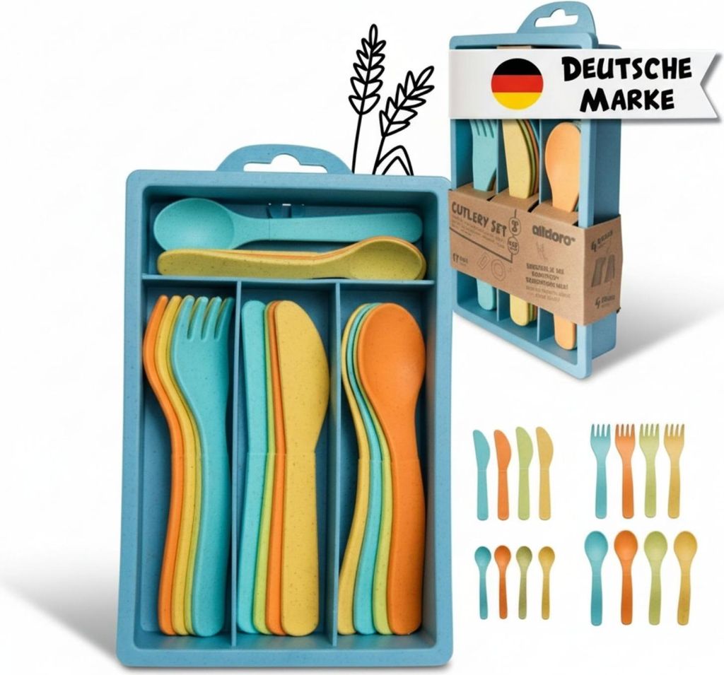Besteck-Set für Kinderküche - 17-teiliges nachhaltiges Spielküchenzubehör aus Weizenstroh mit Besteckkasten für kleine Küchenchefs ab 3 Jahren