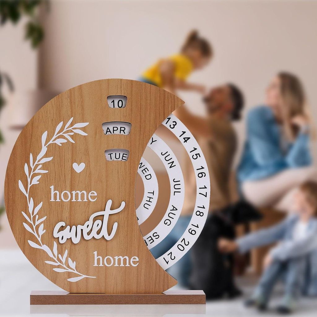 Ewiger Kalender aus Holz für den Schreibtisch im Homeoffice, weihnachtlicher Holzkalender, Bürogeschenk, interaktiver ewiger Kalender mit rundem ...