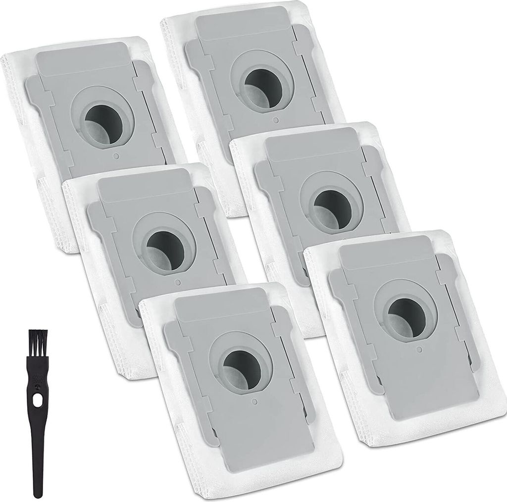 A set of six vacuum cleaner bags and a small cleaning brush.