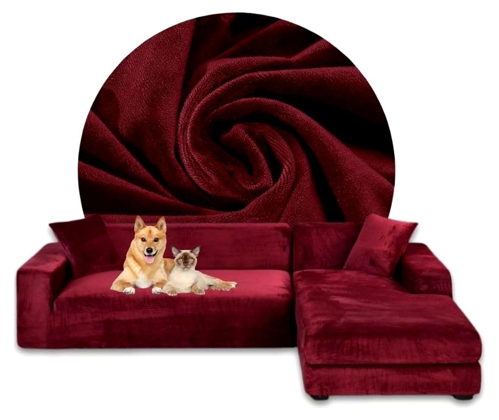 Ecksofa Bezug Bordeaux – Sofabezug L-Form – Eckcouch Überwurf – Lounge Abdeckung L-Form – Samt Stretch Couchbezug – Sofahusse für Schla...