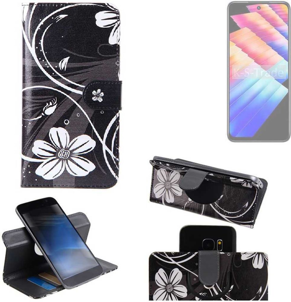 K-S-Trade Schutzhülle Handyhülle kompatibel mit Infinix Note 30 Play Hülle 360° Wallet Case “Flowers“ Klapphülle Hülle schwarz-weiß 1x