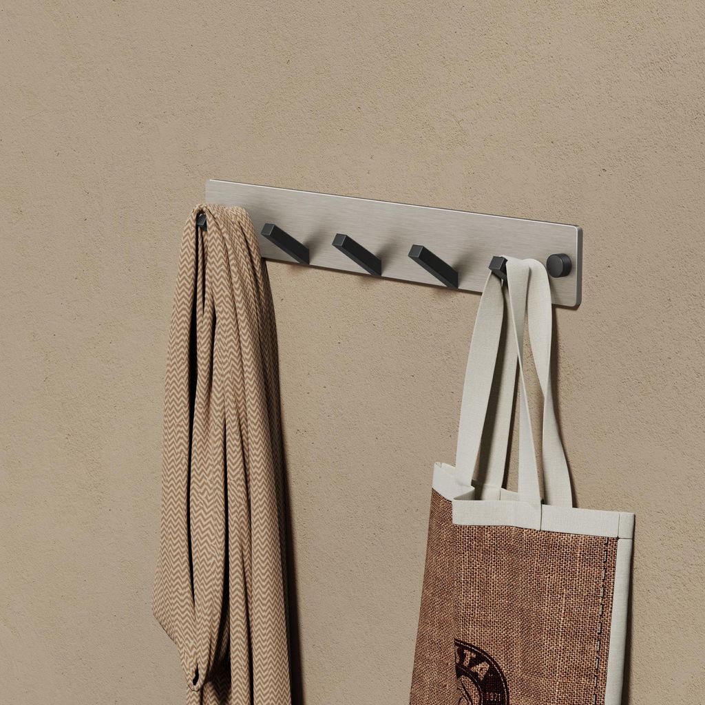 doporro Garderobenhaken Edelstahl, Kleiderhaken Wand mit 5 Haken, selbstklebend & ohne Bohren Matt schwarz/Nickel gebürstet für Jacken, Handtüch...