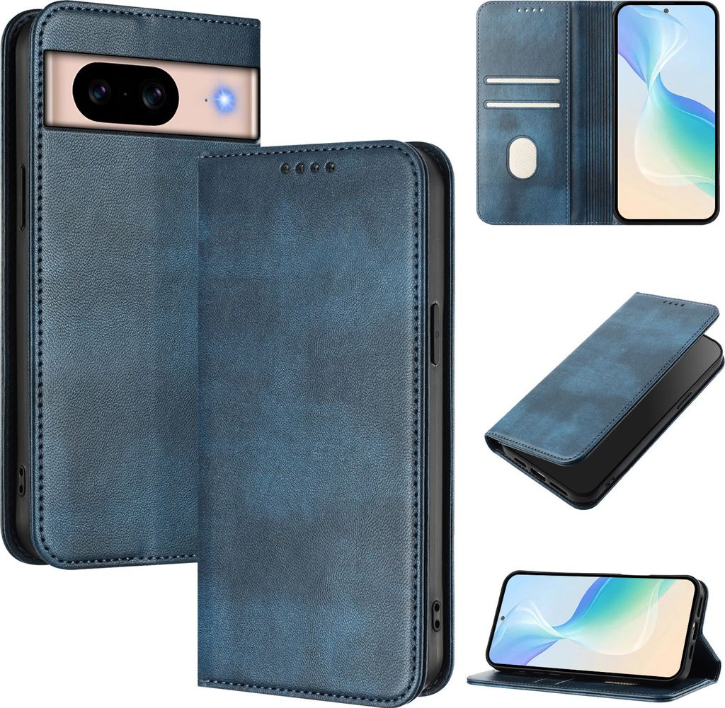 Handyhülle für Google Pixel 8A, Vintage Leder RFID Schutz Kartenfach Standfunktion Magnetische Klapphülle Blau