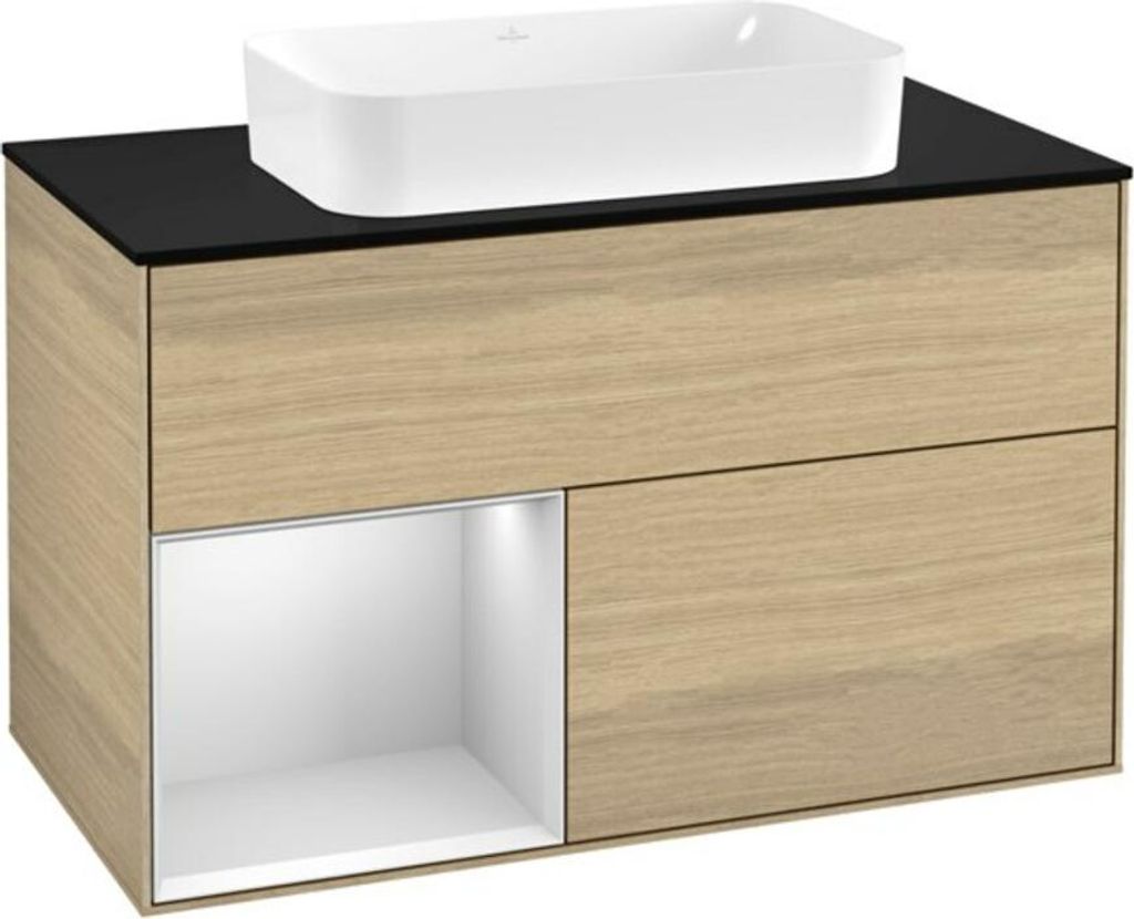 V&B Waschtischunterschrank Abdeckplatte bla m Finion 100x60,3cm, Reg li wh. m Lac, Oak Veneer