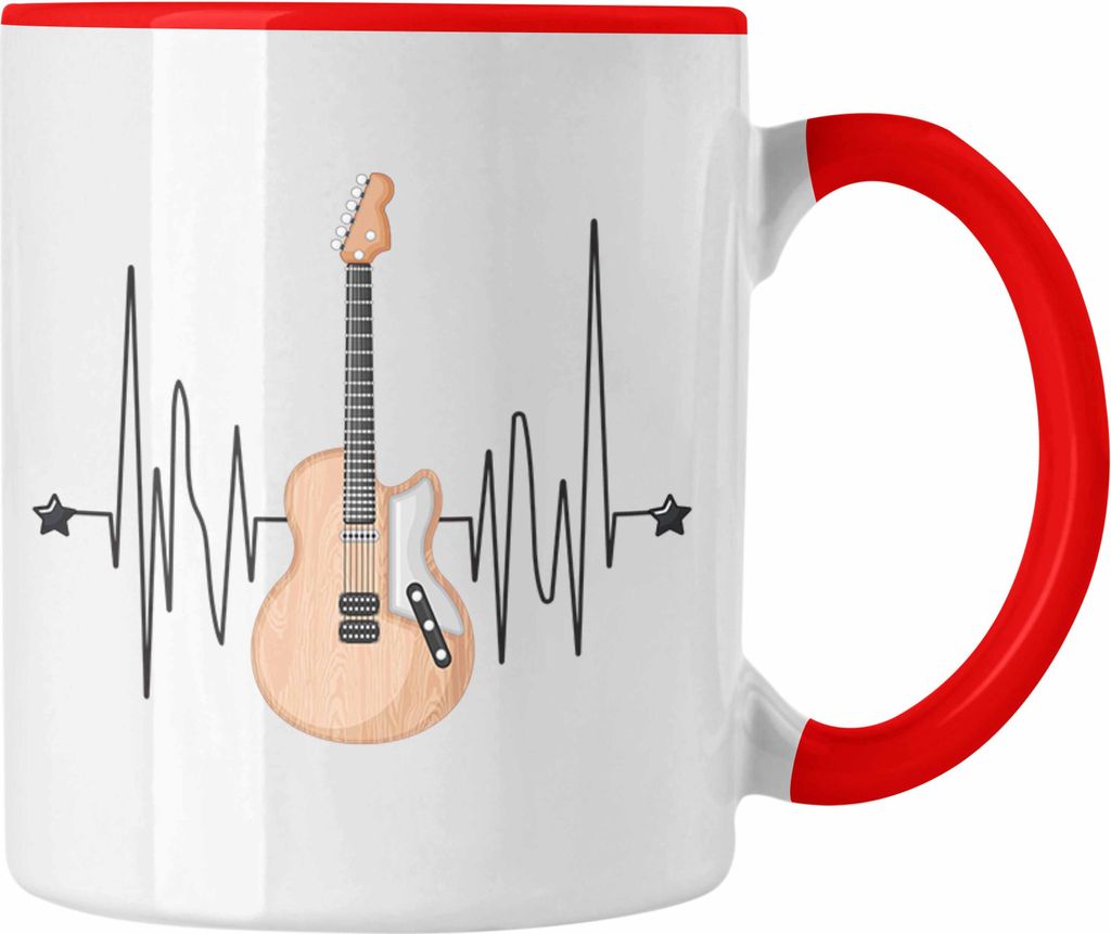 Trendation - Herzschlag Tasse Geschenk Gitarre Geschenkidee für Gitarrenspieler Kaffee-Becher (Rot)