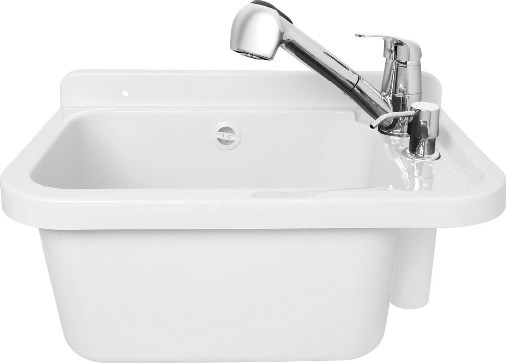 A white sink with a chrome faucet and soap dispenser against a white background.