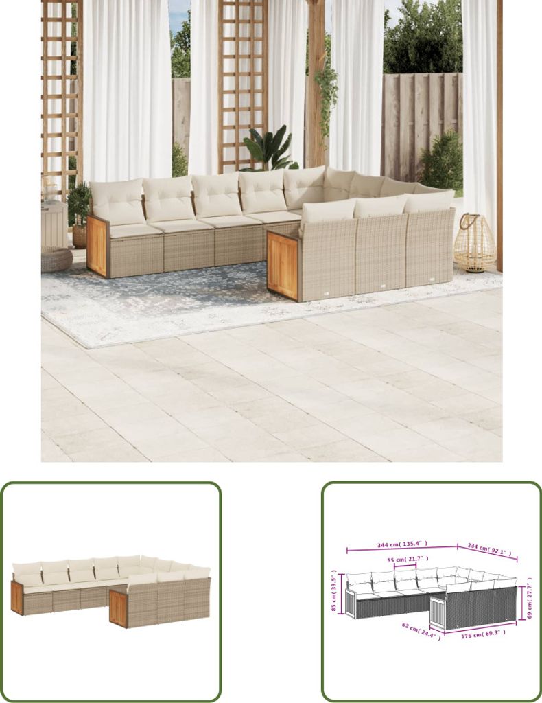 The Living Store 10-tlg. Garten-Sofagarnitur mit Kissen Beige Poly Rattan