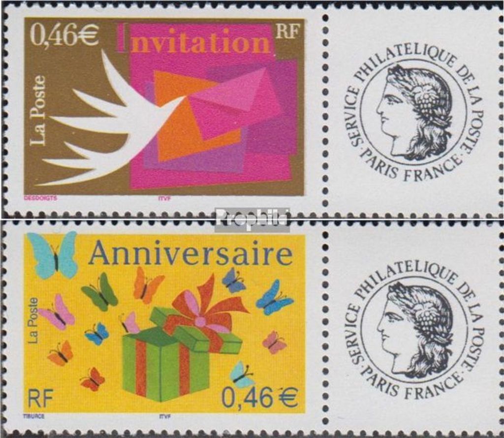 Briefmarken Frankreich 2002 Mi 3616II x Zf-3617II x Zf mit Zierfeld (kompl.Ausg.) postfrisch Grußmarken