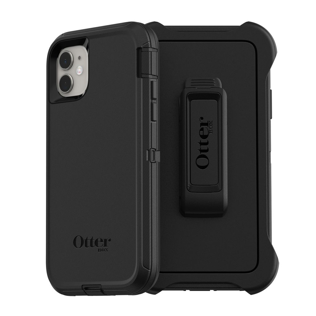 A black OtterBox Defender Series case for an Apple iPhone 11 is shown with a belt clip attached.