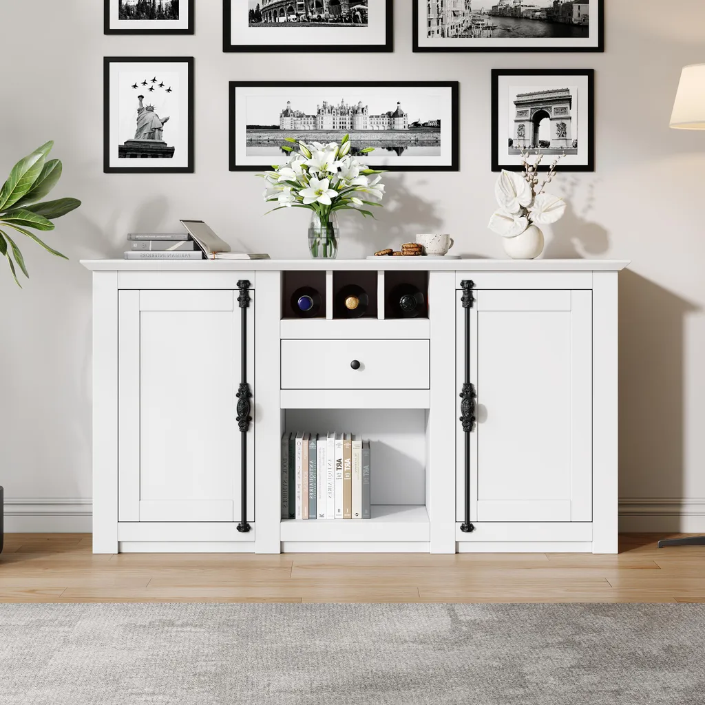 Buffet avec Rangement Semi-Ouvert et Porte-Bouteilles - Commode Blanche