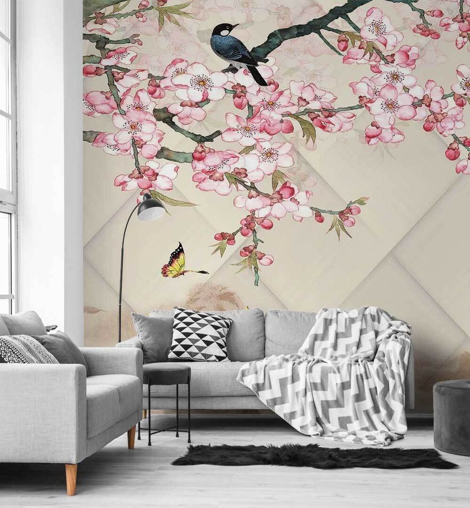 Fototapete blühender Blütenzweig mit Vögel, Material:Premium Vlies 150g/qm, Größe Tapete:520 x 260cm