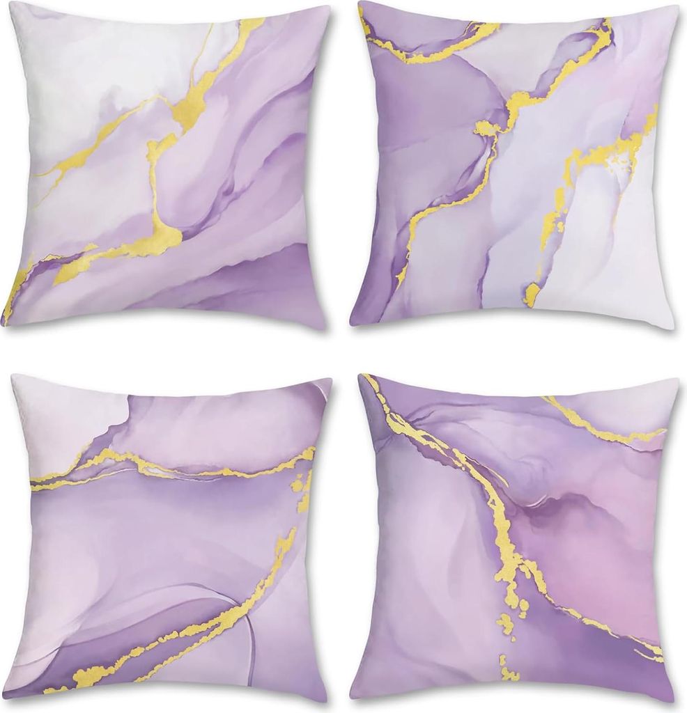 Bonhause 4er Set Kissenbezüge Marmor Lila Gold 45 x cm Moderne Abstrakte Dekorative Kissenhülle Zierkissenbezüge für Sofa Schlafzimmer Wohnzimmer