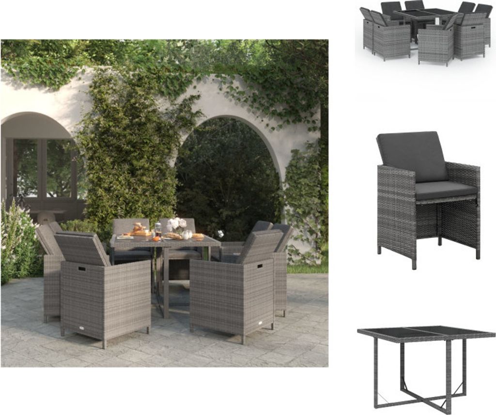 vidaXL 9-tlg. Garten-Essgruppe mit Auflagen Poly Rattan Grau - Gartenmöbel-Sets