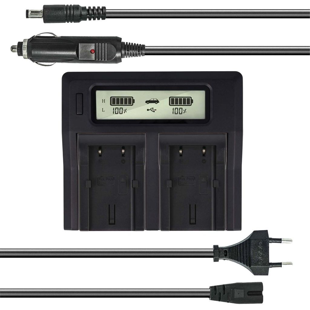 Dual Akku-Ladegerät kompatibel mit Panasonic CGA-S101E - mit USB-Anschluss, LCD-Display und Kfz-Ladekabel - Schnellladegerät