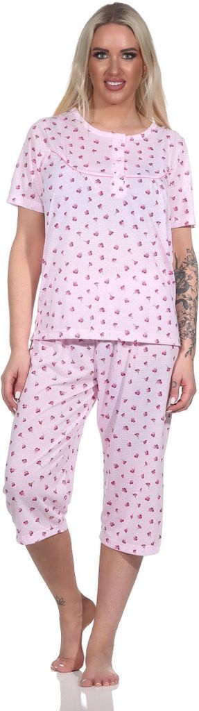 Damen Pyjama 3/4 Hose & Shirt mit Blumenmuster; Rosa/L/40