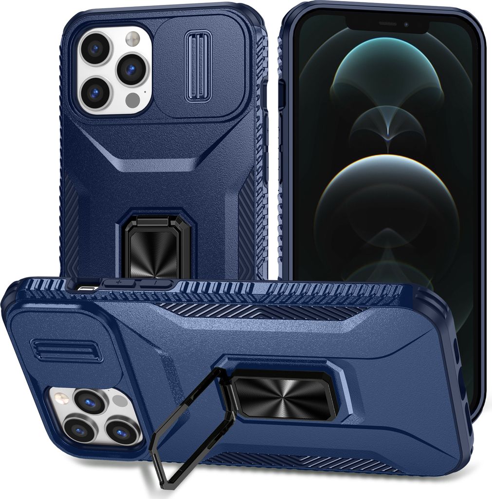 Handyhülle für iPhone 11 Pro Max Dual Layer Hülle mit Schiebe Kamera Schutz und Ringhalter Ständer Blau