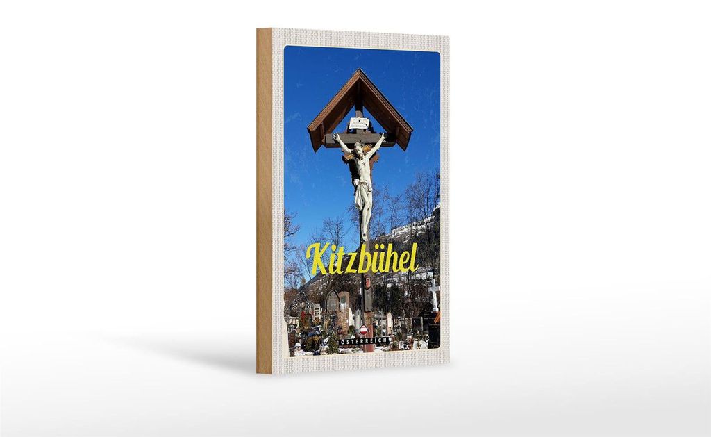 Holzschild Reise 12x18 cm Kitzbühel Österreich Jesus Skulptur
