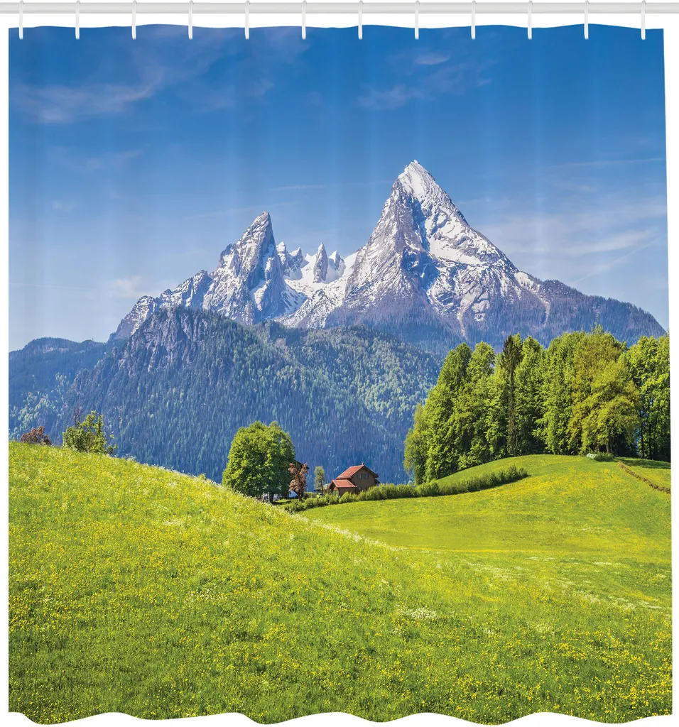 Rideau de Douche Imprimé Alpes Fleurs en Tissu Déperlant 175x240 cm Vert