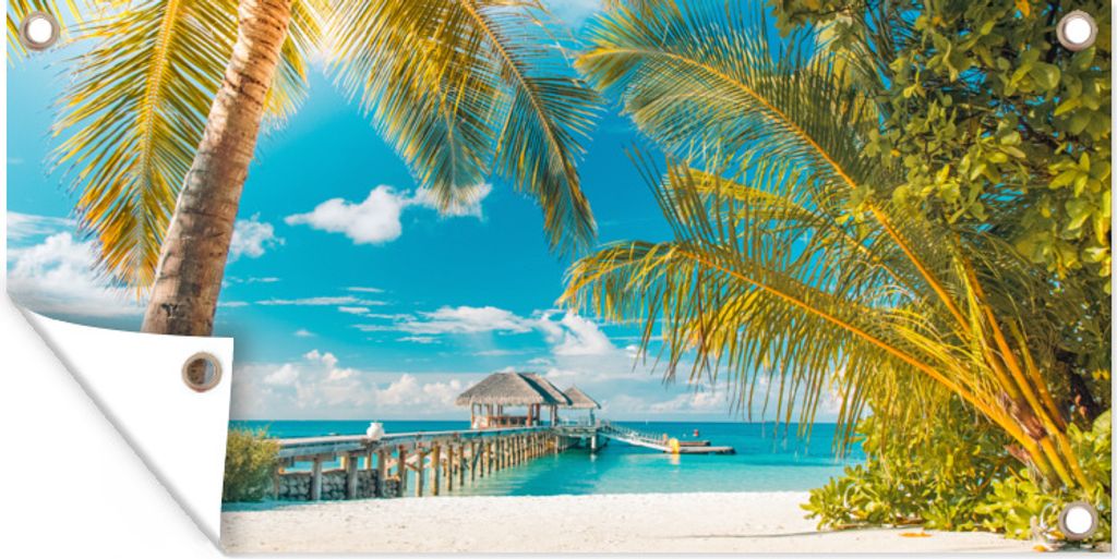 MuchoWow 80x40 cm Outdoor-Poster Gartendeko Sichtschutz Garten Poster für den Garten Strand - Palme - Meer