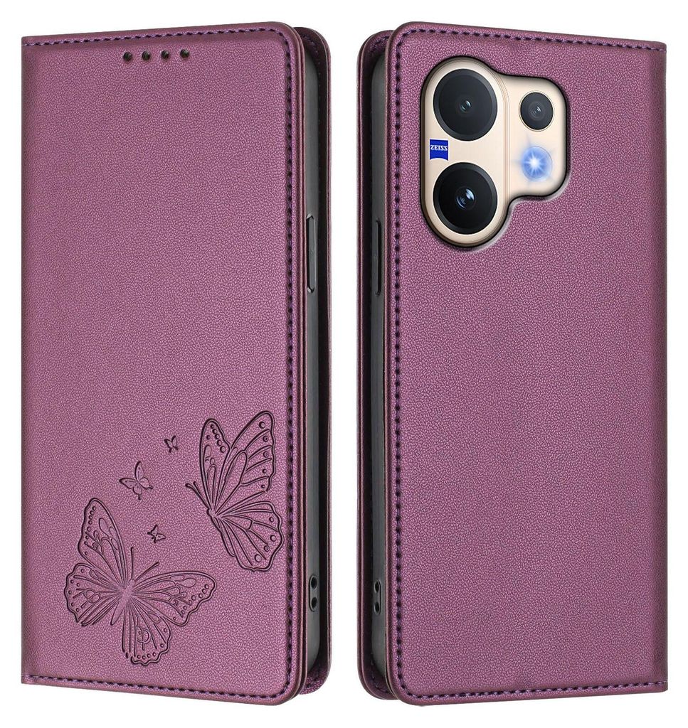 Lederhülle für Vivo V60 5G, Schmetterling Prägung Leder Brieftasche Schutzhülle mit Ständer Lila