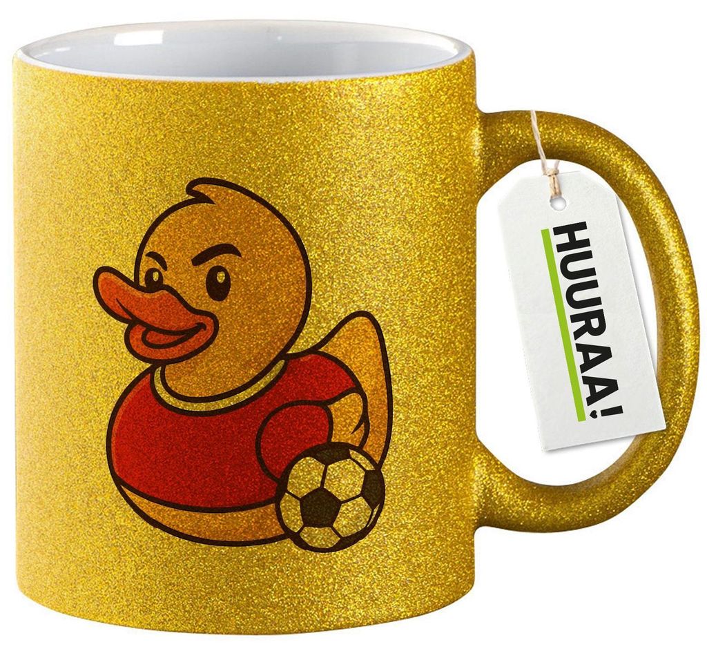 Huuraa Glitzertasse Quietscheente Fußballer Gummiente Fussballspieler 330ml Gold Keramik Kaffeebecher Geschenkidee