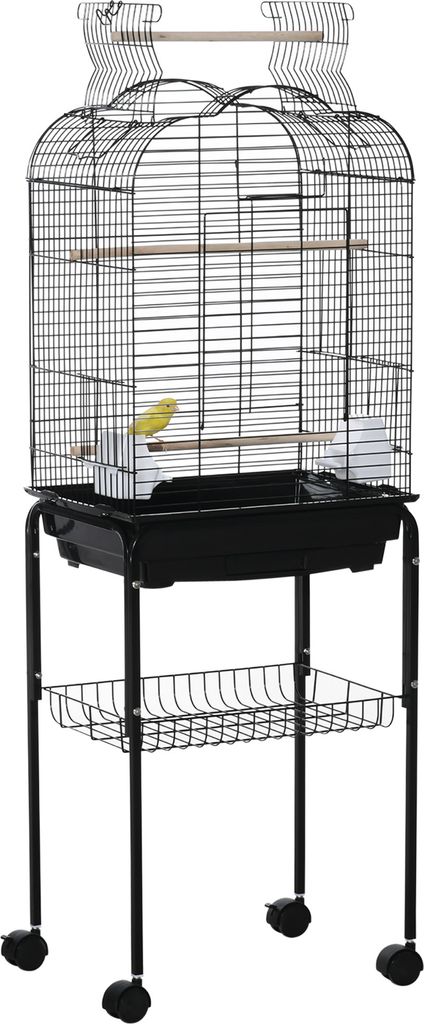 PawHut Vogelkäfig mit Ständer, Kanarienvogelkäfig mit 4 Rädern, zu öffnendes Dach, 2 Futterhäuschen, 3 Sitzstangen, abnehmbares Tablett und u...