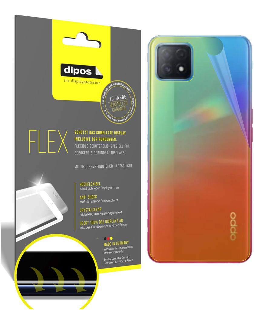 2x Schutzfolie für Oppo A72 5G Rückseite Folie, 100% Displayabdeckung, dipos Flex