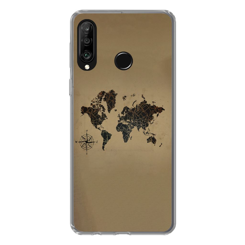 MuchoWow Handyhülle Schutzhülle Hülle für Huawei P30 Lite Weltkarte - Design - Vintage Silikon Softcase Handy Hülle - Handyhülle
