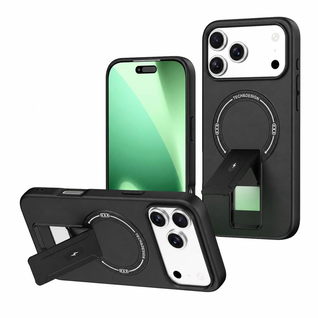 Handyhülle für iPhone 17 Pro mit integriertem Standfuß und Produktbild  KI-generiertes Bild