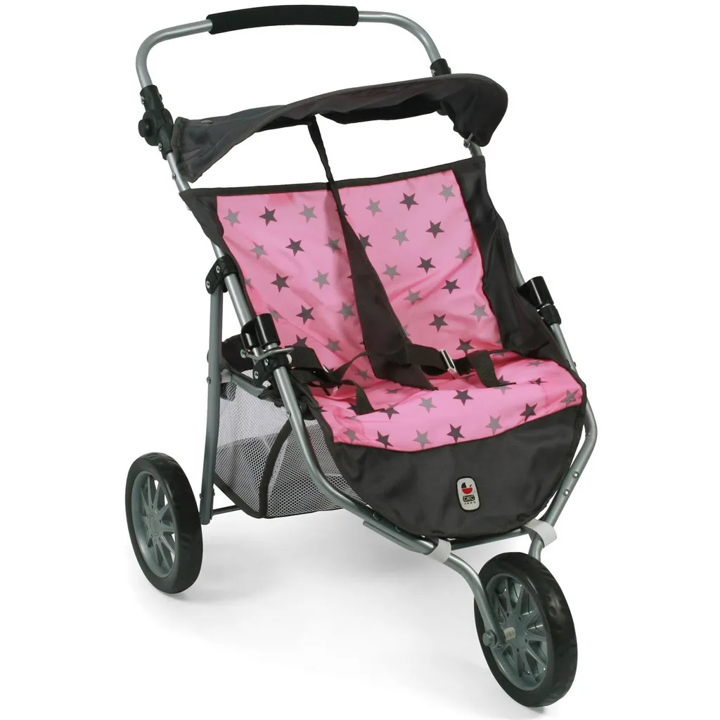 Poussette double pour poupée jogging jumeaux étoile grise grand modèle