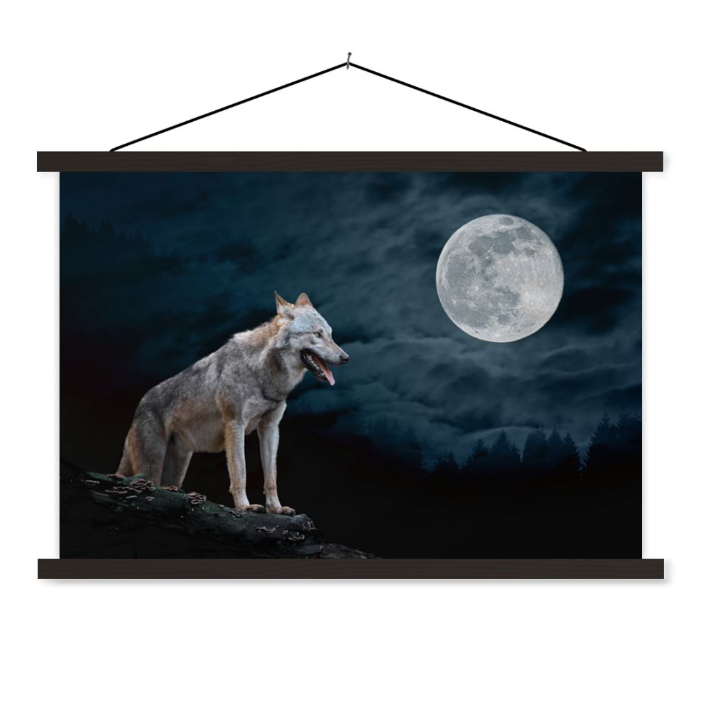 MuchoWow Textilposter Wolf - Mond - Nacht - Tiere - Porträt 60x40 cm mit schwarzem Rahmen - Hölzernes