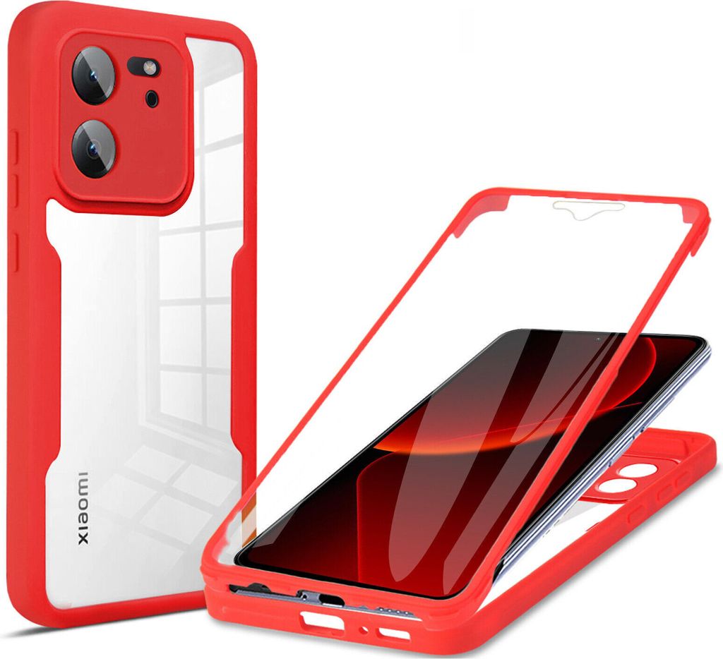 A red and transparent phone case is shown, with a phone inside the case, against a white background.