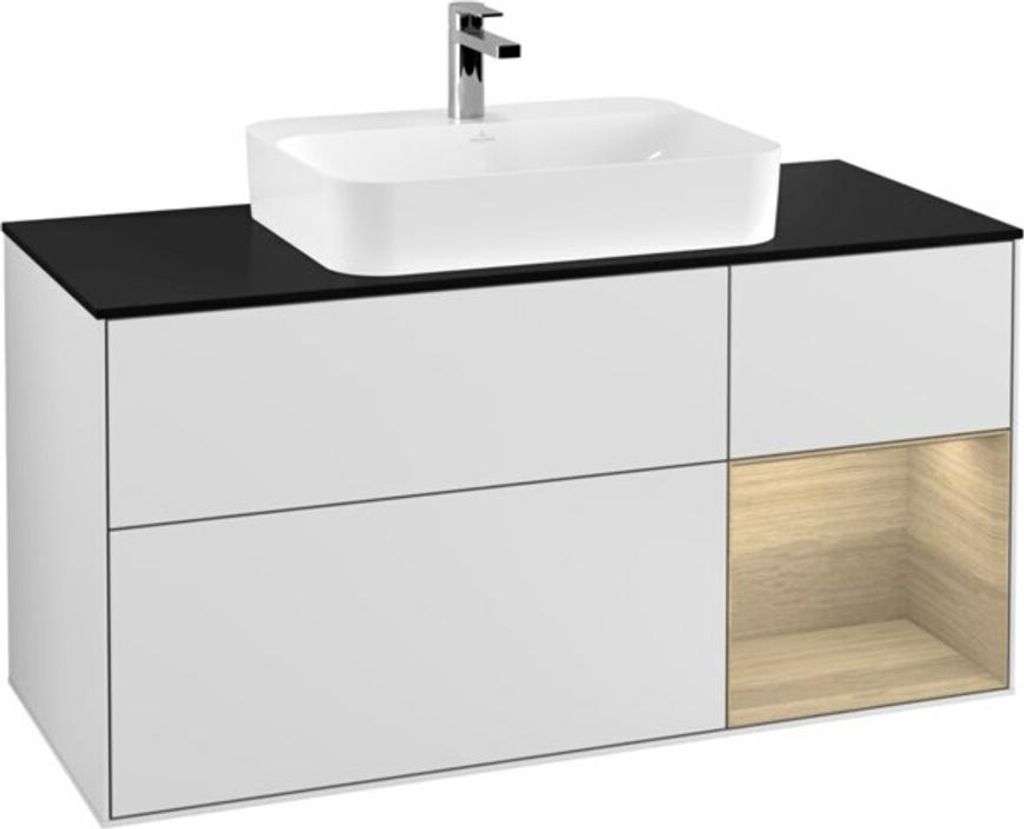 V&B Waschtischunterschrank Wandbeleuchtung Finion 120cm, Pl b m, Reg re Oa ven, wh. m Lac