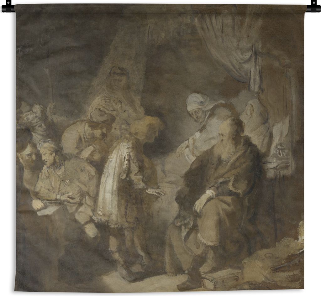 MuchoWow Wandteppich Wandbehang Joseph erzählt seinen Eltern seine Träume - Gemälde von Rembrandt van Rijn 120x120 cm Tapisserie Dekoration Wa...