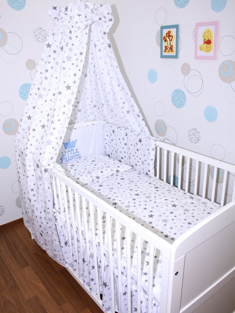 Primawela Baby Bettwäsche Set mit Applikation- 6 teiliges Set mit Vollstoff Himmel Bettset Nestchen -18.Prince-Star Hell