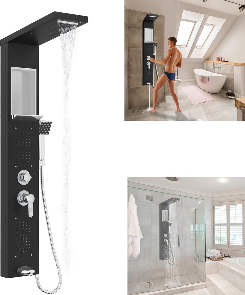 A collage of images showing a black shower panel, a man using a shower panel in a bathroom, and a shower panel installed in a modern shower enclosure.
