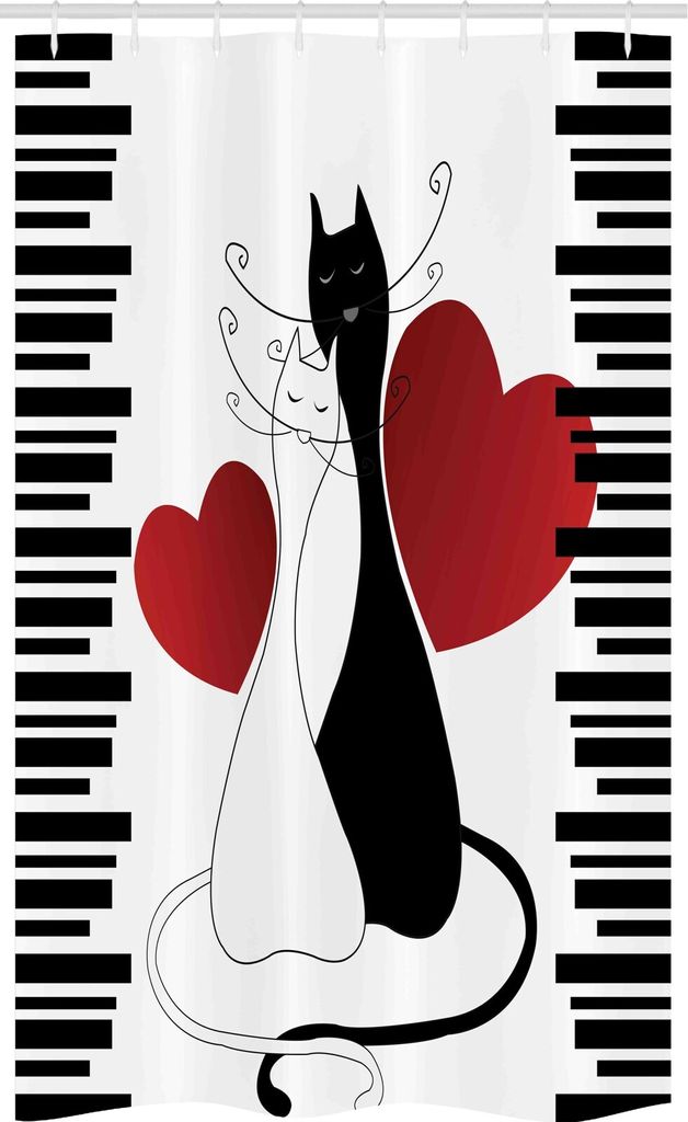 ABAKUHAUS Katzen Schmaler Duschvorhang, Romantisches Paar Pet Kitten, Badezimmer Deko Set aus Stoff mit Haken, 120 x 180 cm, Schwarz Weiß Rot