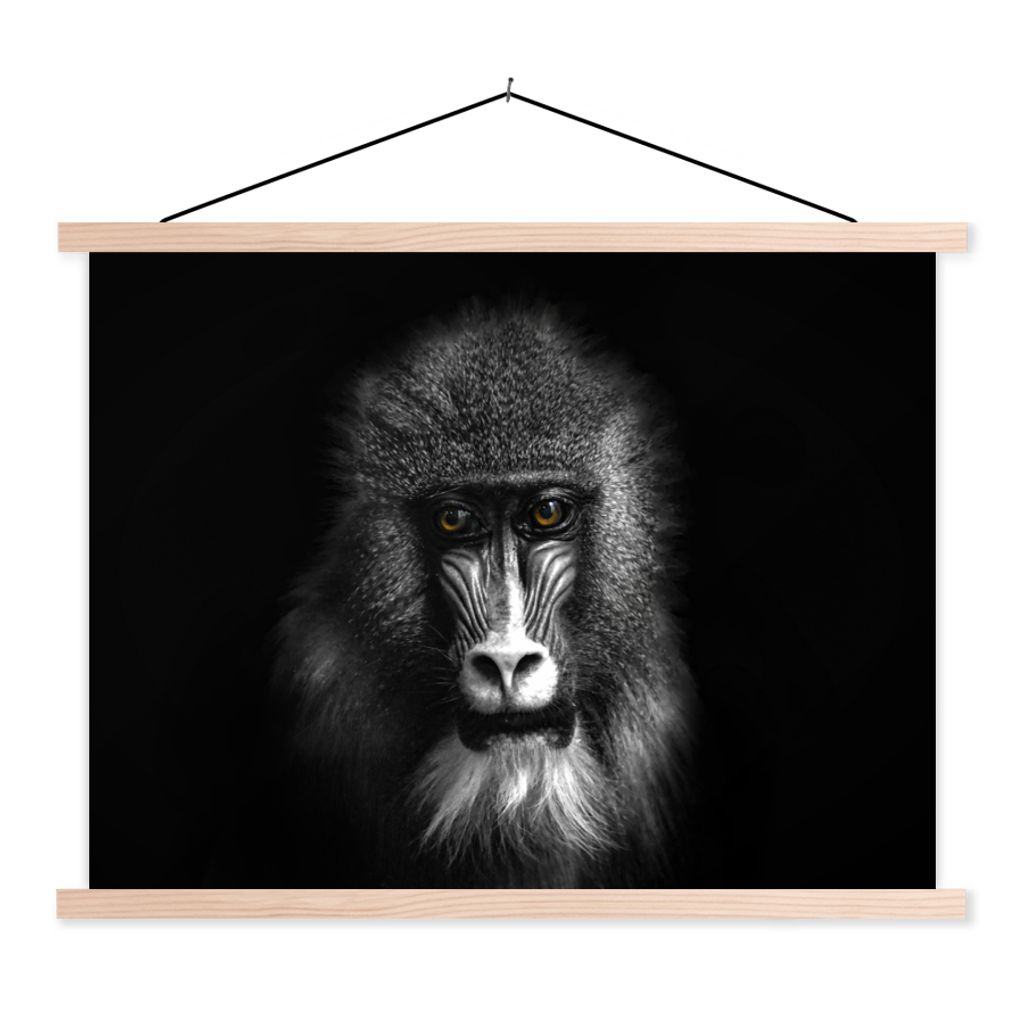 MuchoWow Textilposter Affe - Tiere - Augen - Braun - Schwarz und weiß 120x90 cm mit holzfarbenen Rahmen - Magnetisch