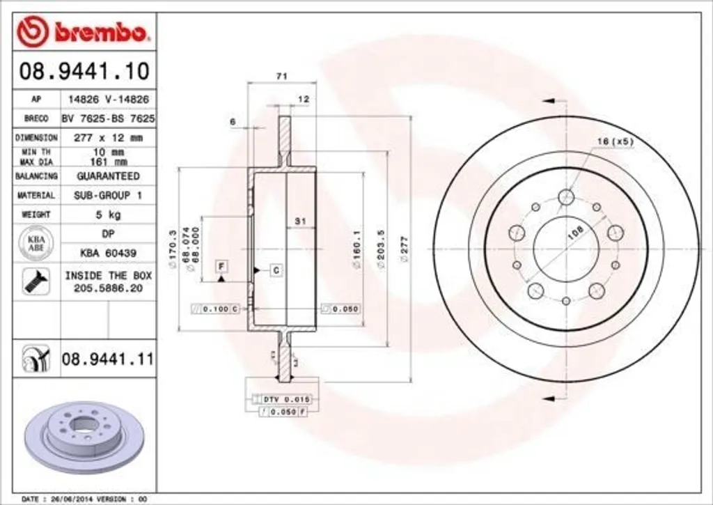 Brembo 08.9441.11 Disque de Frein Haute Performance OE pour Volvo