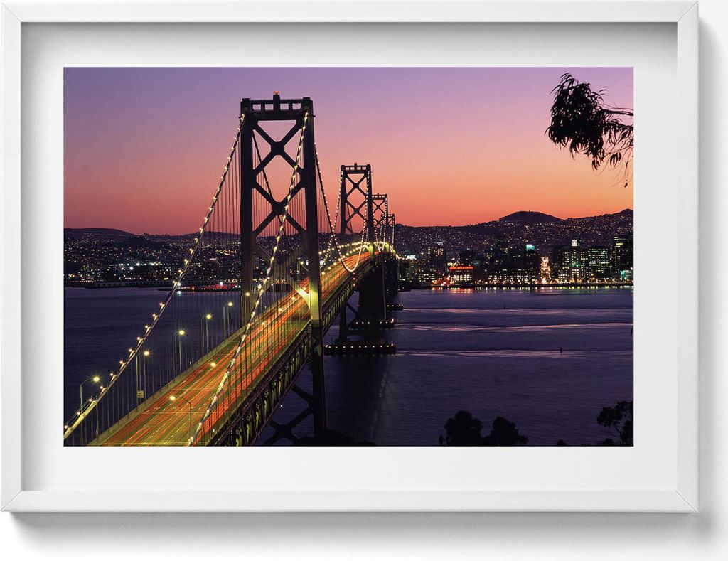 San Francisco Bridge und Sonnenuntergang– Wandbild mit Rahmen – Gerahmtes Bild – Wanddekoration – 70x50 cm – Weiß Rahmen