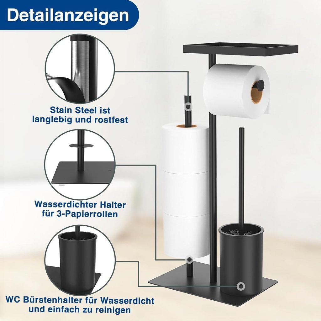 Toilettenpapierhalter Stehend Mit Bürste - Edelstahl Schwarz Mit Ablage