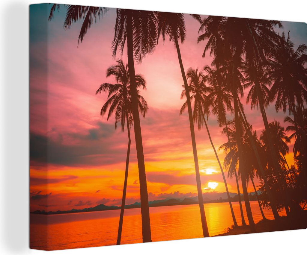 OneMillionCanvasses - Leinwandbilder - 150x100 cm, Meer - Palme - Sonnenuntergang - Strand - Silhouette, Wandbilder Kunstdruck Wanddekoration - F...